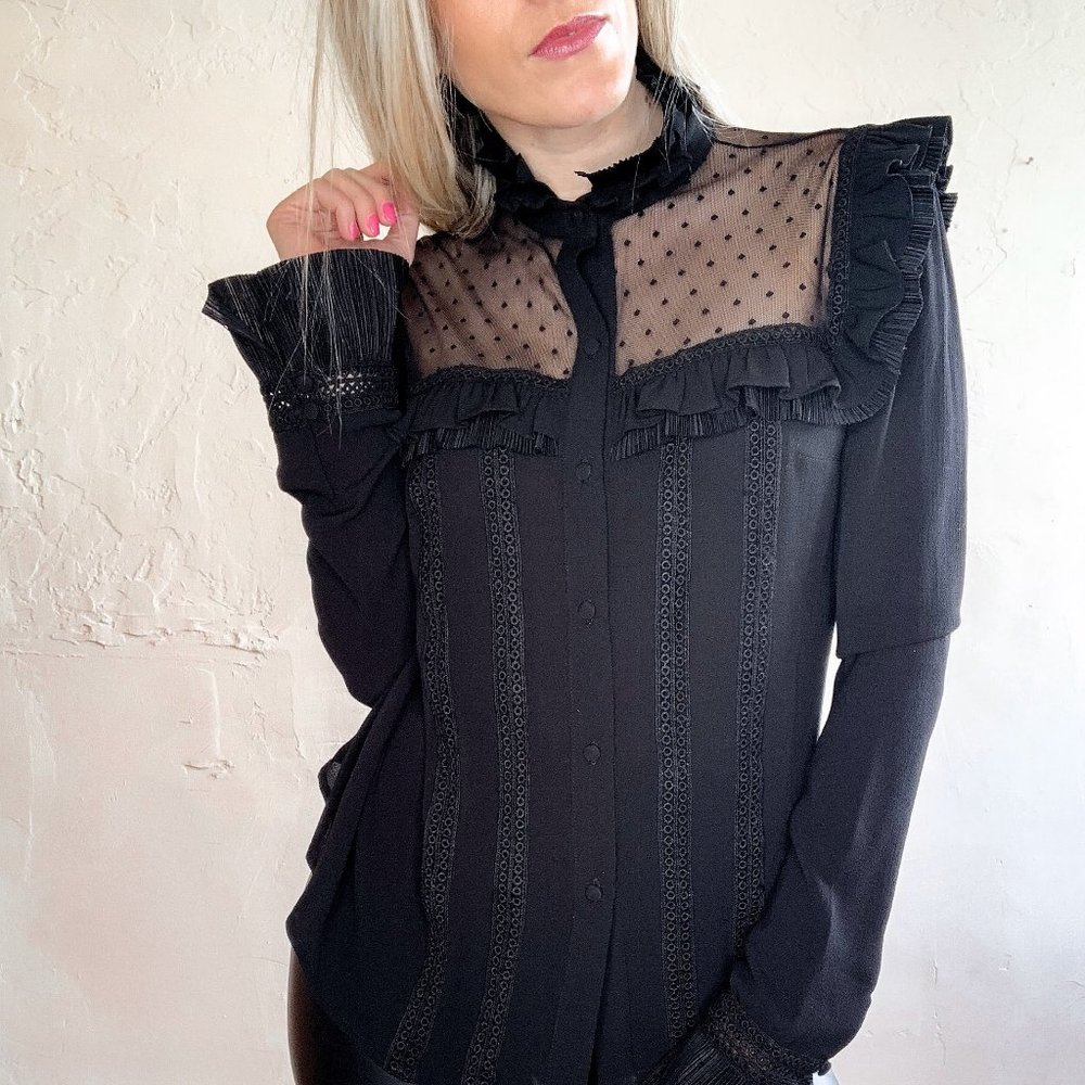 Black Blouse, victorian high neck, size small.